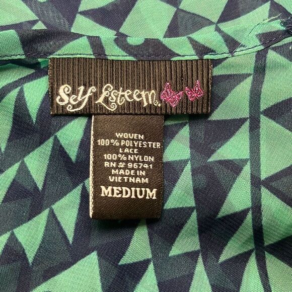 Self Esteem EUC Green Blue Abstract Print Lace Inset Sheer Blouse Sz M - Picture 3 of 6